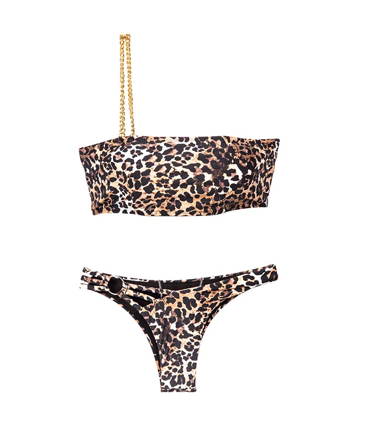 Bañador bandeau sexy con cadena de metal y un solo hombro con estampado de leopardo