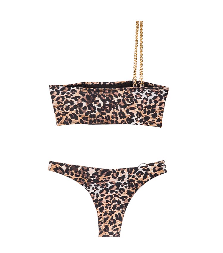 Bañador bandeau sexy con cadena de metal y un solo hombro con estampado de leopardo